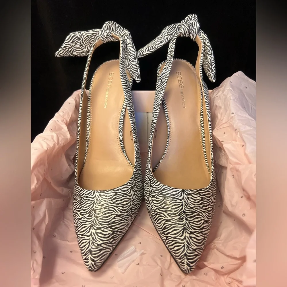 NWT BCBGeneration Henaya Black/White Zebra Slingback Knotted Bow Pumps - Picture 3 of 5